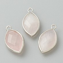 Honeyhandy Natural Rose Quartz Pendants, with Platinum Brass Edge, Faceted, Horse Eye, 22x12x5.5mm, Hole: 1.8mm