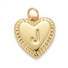 Honeyhandy Rack Plating Real 18K Gold Plated Brass Pendants, with Jump Rings, Long-Lasting Plated, Lead Free & Cadmium Free & Nickel Free, Heart with Letter A~Z, Letter.J, 16x15x2.5mm, Jump Ring: 5x0.5mm, 3mm Inner Diameter