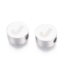 Honeyhandy 304 Stainless Steel Beads, Flat Round with Letter, Letter.J, 10x4.5mm, Hole: 2mm