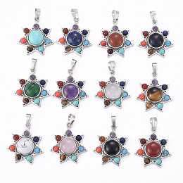 Honeyhandy Chakra Jewelry, Natural Mixed Gemstone Pendants, with Brass Findings, Glass & Synthetic Turquoise, Natural Amethyst & Lapis Lazuli & Tiger Eye & Carnelian, Sacred Geometry, Flower, Platinum, 30~30.5x27.5x8.5~9mm, Hole: 8x5mm