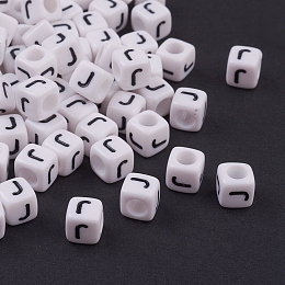 Honeyhandy Acrylic Horizontal Hole Letter Beads, Cube, White, Letter J, Size: about 6mm wide, 6mm long, 6mm high, hole: about 3.2mm, about 2600pcs/500g