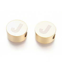 Honeyhandy 304 Stainless Steel Beads, Flat Round with Letter, Letter.J, 10x4.5mm, Hole: 2mm