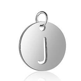 Honeyhandy 304 Stainless Steel Charms, Flat Round with Letter, Stainless Steel Color, Letter.J, 12x1mm, Hole: 2.5mm