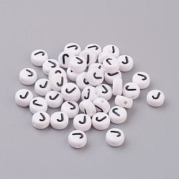 Honeyhandy Flat Round with Letter J Acrylic Beads, with Horizontal Hole, White & Black, Size: about 7mm in diameter, 4mm thick, hole: 1mm