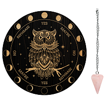 AHANDMAKER 1Pc Cone/Spike/Pendulum Natural Rose Quartz Stone Pendants, 1Pc 304 Stainless Steel Cable Chain Necklaces, 1Pc PVC Custom Pendulum Board, Dowsing Divination Board, Owl Pattern, Board: 200x4mm