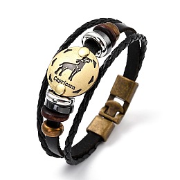 Honeyhandy Braided Leather Cord Retro Multi-strand Bracelets, with Wood Beads, Hematite Beads and Alloy Findings, Flat Round,  Antique Bronze, Capricorn, 8-1/4 inch(21cm)