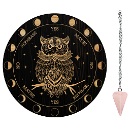 AHANDMAKER 1Pc Cone/Spike/Pendulum Natural Rose Quartz Stone Pendants, 1Pc 304 Stainless Steel Cable Chain Necklaces, 1Pc PVC Custom Pendulum Board, Dowsing Divination Board, Owl Pattern, Board: 200x4mm