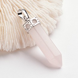 Honeyhandy Bullet Brass Gemstone Pointed Pendants, Platinum, Rose Quartz, 44mm, Hole: 5x8mm