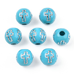 Honeyhandy Plating Acrylic Beads, Silver Metal Enlaced, Round with Cross, Pale Turquoise, 8mm, Hole: 2mm, about 1800pcs/500g