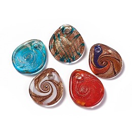 Honeyhandy Handmade Gold Sand Lampwork Pendants, Teardrop, Mixed Color, About 32mm wide, 41mm long, hole: 5mm