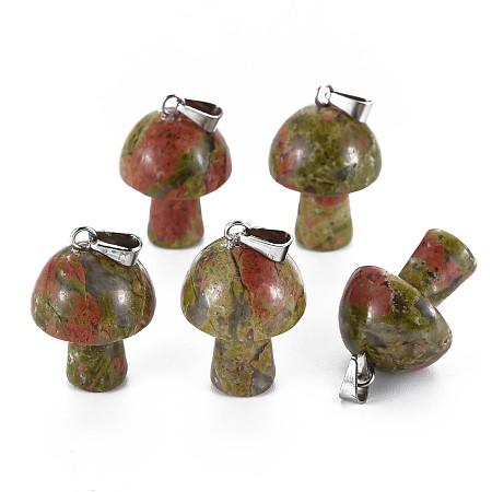 Honeyhandy Natural Unakite Pendants, with Stainless Steel Snap On Bails, Mushroom Shaped, 24~25x16mm, Hole: 5x3mm
