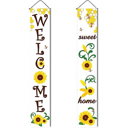 CREATCABIN Welcome Sweet Home Banner Hanging Porch Sign Sunflower Bee Summer Style for Office Indoor Outdoor Holiday Party Halloween Xmas Welcome Decorations 11.8 x 70.8 Inch