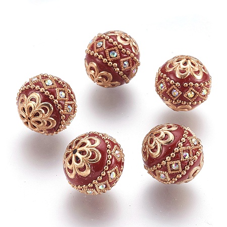 Honeyhandy Handmade Indonesia Beads, with Metal Findings, Round, Light Gold, Brown, 19.5x19mm, Hole: 1mm