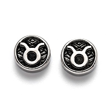 Honeyhandy 304 Stainless Steel Beads, Flat Round with Twelve Constellations, Antique Silver, Taurus, 10x4mm, Hole: 1.8mm