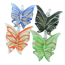 Honeyhandy Handmade Gold Sand Lampwork Pendants, Butterfly, Mixed Color, 49x45mm, hole: 8mm