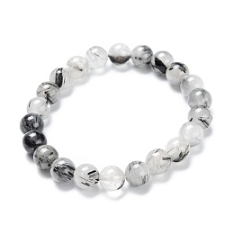 Honeyhandy Natural Tourmalinated Quartz/Black Rutilated Quartz Stretch Beaded Bracelets, Round, Inner Diameter: 2-1/8 inch(5.5cm), Beads: 8~9mm