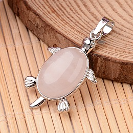 Honeyhandy Tortoise Platinum Tone Brass Rose Quartz Pendants, 34x21x7mm, Hole: 5x7mm