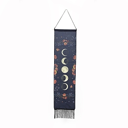 Honeyhandy Rectangle Linen Tapestry, Wall Decoration, with Wood Bar, PP Cord, Iron Finding, Moon Phase Pattern, 1600mm