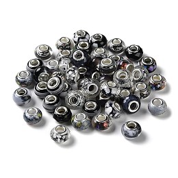 Honeyhandy Resin European Beads, with Platinum Plated Brass Core, Rondelle, Black, 13.5x9mm, Hole: 5mm