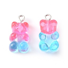 Honeyhandy Transparent Resin Pendants, with Glitter Powder and Platinum Tone Iron Loop, Bear, Light Sky Blue, 21x11x7mm, Hole: 1.8mm