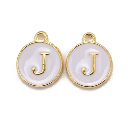 Honeyhandy Golden Plated Alloy Charms, Cadmium Free & Lead Free, with Enamel, Enamelled Sequins, Flat Round with Letter, White, Letter.J, 14x12x2mm, Hole: 1.5mm