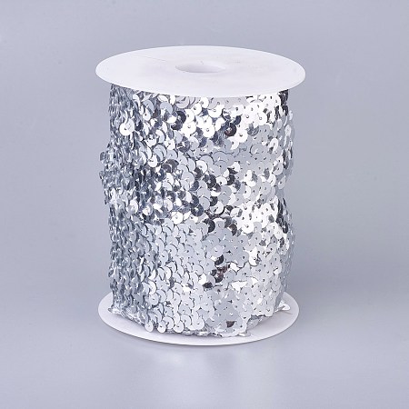 Olycraft Plastic Paillette Elastic Beads, Sequins Beads, Ornament Accessories, 3 Rows Paillette Roll, Flat Round, Silver, 25x1.5mm; 10m/roll