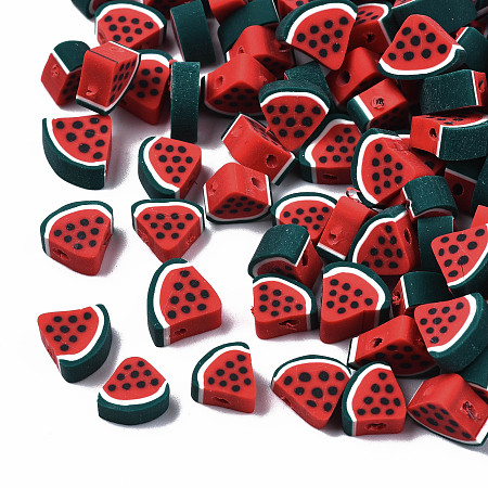 Honeyhandy Handmade Polymer Clay Beads, Watermelon Slice, Red, 9.5~10.5x10~10.5x4.5~5mm, Hole: 1.8mm