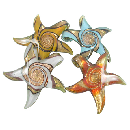 Honeyhandy Handmade Lampwork Pendants, Mixed Color, Starfish/Sea Stars, about 56mm wide, 51mm long, hole: 7mm