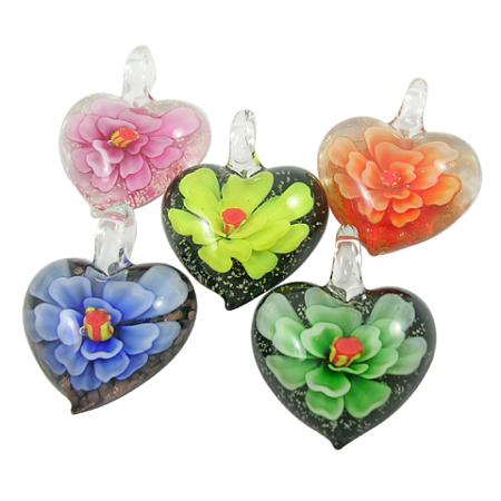 Honeyhandy Handmade Lampwork Pendants, Heart, Mixed Color, about 35mm wide, 43mm long, hole: 7mm