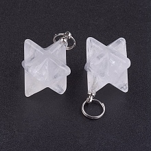 Honeyhandy Natural Quartz Crystal Pendants, with 201 Stainless Steel Split Rings, Stainless Steel Color, Merkaba Star, 22~23x16.5~17x19mm, Hole: 6mm