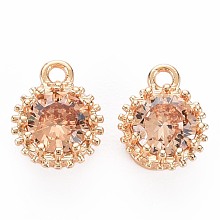 Honeyhandy Brass Micro Pave Cubic Zirconia Charms, Nickel Free, Real 18K Gold Plated, Faceted Flat Round, Peru, 9x7x4mm, Hole: 1.2mm