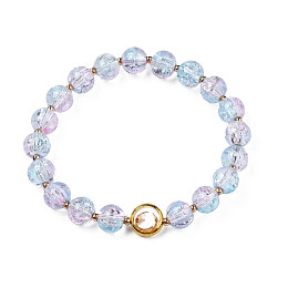 Honeyhandy Round Glass Beaded Stretch Bracelet with Gold Plated Brass Ring for Women, Light Sky Blue, Inner Diameter: 2 inch(5cm)