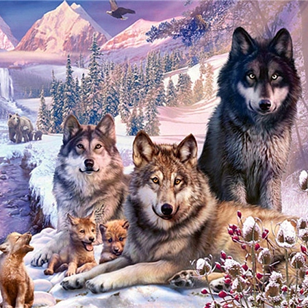 Honeyhandy DIY Wolf & Scenery Diamond Painting Kits, including Resin Rhinestones, Diamond Sticky Pen, Tray Plate and Glue Clay, Colorful, 300x400mm