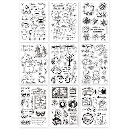GLOBLELAND 9 Sheets Mixed Theme Silicone Clear Stamps Seal for Card Making Decor and DIY Scrapbooking(Coffee Elf Snowman Snowflake Penguin Thanksgiving Turkey Masquerade Animals)