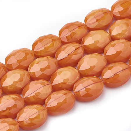 Opaque Solid Color Glass Beads Strands, Faceted, Oval, Orange, 16x12x7mm, Hole: 1~1.2mm, about 25pcs/strand, 14.96 inch(38cm)