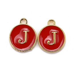 Honeyhandy Golden Plated Alloy Enamel Charms, Cadmium Free & Lead Free, Enamelled Sequins, Flat Round with Letter, Red, Letter.J, 14x12x2mm, Hole: 1.5mm