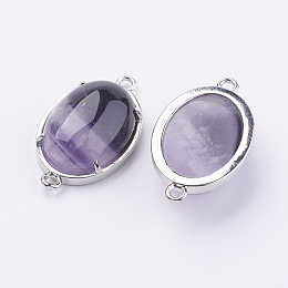 Honeyhandy Brass Natural Amethyst Links Connectors, Oval, Platinum, 15~15.5x25.5~26x6.5~7mm, Hole: 1.5~2mm