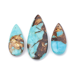 Honeyhandy Assembled Bronzite and Synthetic Turquoise Pendants, teardrop, 36~50x15~21x6~7mm, Hole: 1mm, 3pcs/set