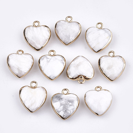 Electroplate Natural Howlite Pendants, with Iron Findings, Faceted, Heart, Golden, 16~17x14~15x6~7mm, Hole: 1.8mm