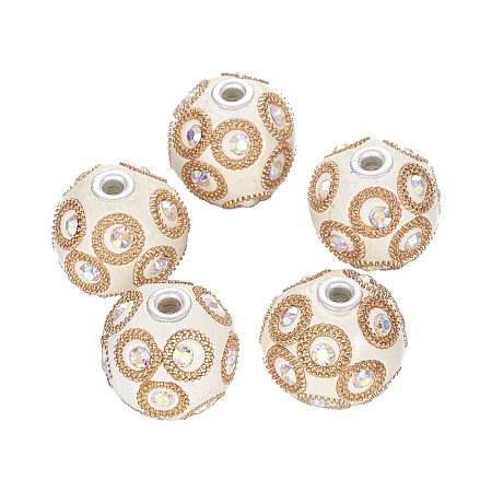ARRICRAFT 5 PCS Round White Handmade Indonesia Beads with Rhinestones Silver Plated Alloy Cores, 23x21mm, Hole: 4mm