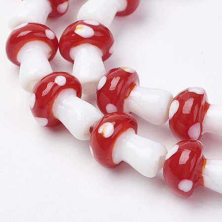 Honeyhandy Handmade Lampwork Beads Strands, Mushroom, Red, 11.5~14.5x9~11mm, Hole: 1mm, about 25pc/strand, 13.54 inch(34.4cm)