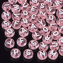 Honeyhandy Transparent Acrylic Beads, Horizontal Hole, Mixed Letters, Flat Round, Pink, 7x4mm, Hole: 1.5mm, about 3700pcs/500g