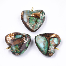 Honeyhandy Assembled Bronzite and Imperial Jasper Pendants, with Iron Findings, Heart, Golden, 20~22x19~20x5~7mm, Hole: 2mm