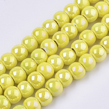 Electroplate Porcelain Beads, Handmade Bright Glazed Porcelain, AB Color Plated, Round, Yellow, 7x6mm, Hole: 2.5mm, 26.38 inches~27.16 inches(67~69cm); about 120~121pcs/Strand