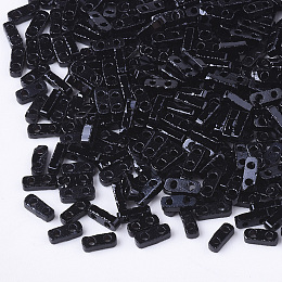 Honeyhandy 2-Hole Opaque Glass Seed Beads, Rectangle, Black, 4.5~5x2x1~1.5mm, Hole: 0.5~0.8mm