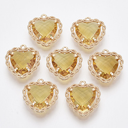 Honeyhandy Glass Pendants, with Brass Open Back Settings, Faceted, Heart, Light Gold, Gold, 18x16~17x5.5mm, Hole: 1.2mm