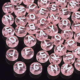 Honeyhandy Transparent Acrylic Beads, Horizontal Hole, Mixed Letters, Flat Round, Pink, 7x4mm, Hole: 1.5mm, about 370pcs/50g