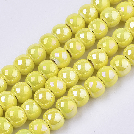 Electroplate Porcelain Beads, Handmade Bright Glazed Porcelain, AB Color Plated, Round, Yellow, 7x6mm, Hole: 2.5mm, 26.38 inches~27.16 inches(67~69cm); about 120~121pcs/Strand