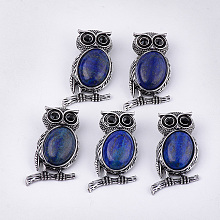 Honeyhandy Natural Lapis Lazuli Brooches/Pendants, with Rhinestone and Alloy Findings, Owl, Antique Silver, 51x28~29x15~16.5mm, Hole: 4.5x8.5mm, Pin: 0.5mm