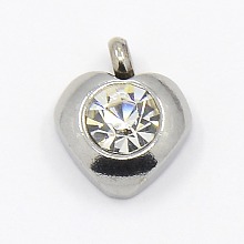 Honeyhandy 201 Stainless Steel Rhinestone Heart Charm Pendants, Grade A, Faceted, Crystal, 9x8x4mm, Hole: 1mm